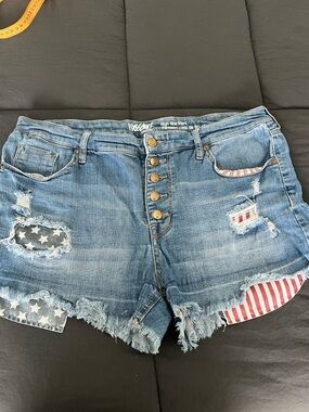 Mossimo Supply Co. Blue Distressed Denim Shorts with Flag Patch Accents